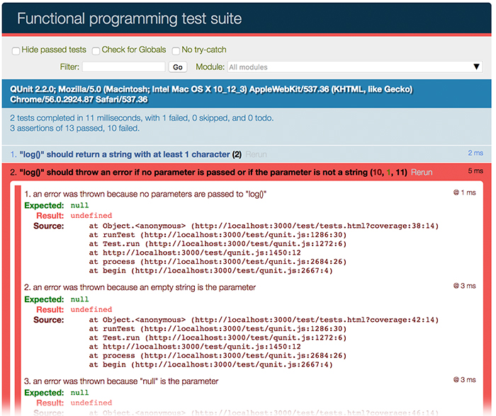 Second failing test image for the learn JavaScript unit testing post post