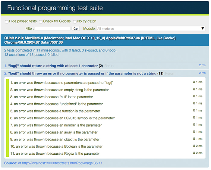 Second passing test image for the learn JavaScript unit testing post