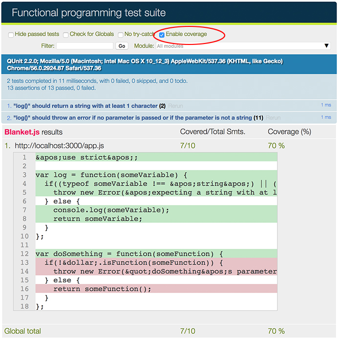 Second code coverage image for the learn JavaScript unit testing post