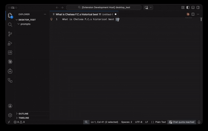 Claude Prompt Reader: selecting a prompt file from the Command Palette and receiving a response